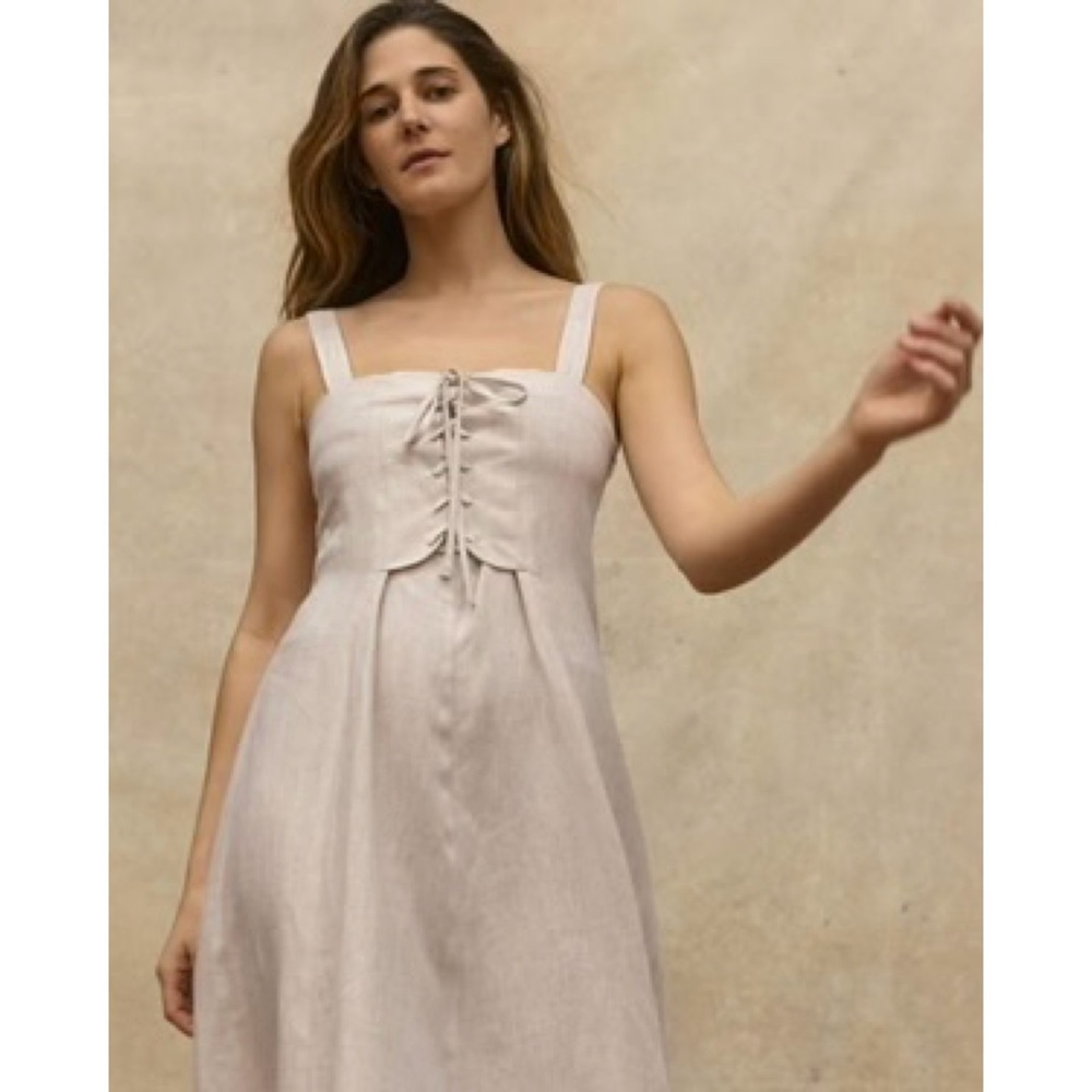 Christy Dawn Linen Midi Dress in Light Beige